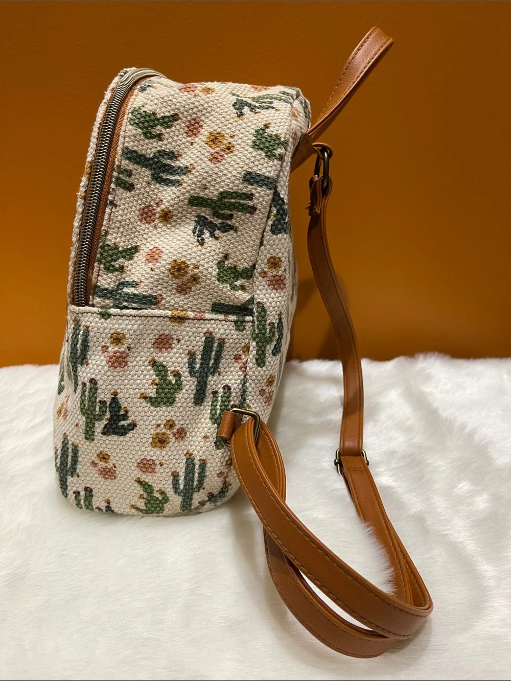 Cactus Print Woven Cotton-blend Mini Backpack - Tan Trim